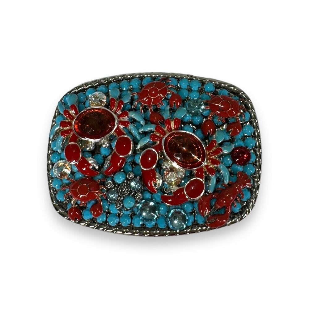 Artisan Boho Crab Lobster Beaded Embellished Belt Buckle Red Blue Coastal Beach